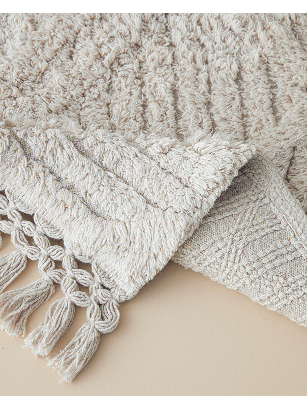 Tassel Check Pamuklu Püsküllü Banyo Paspası Bej-1