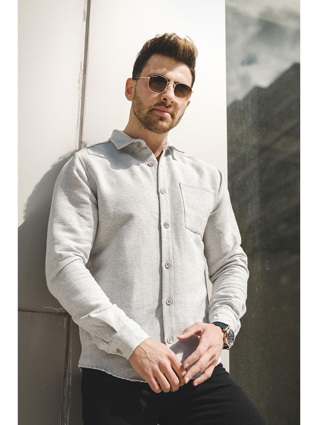 Gri Slim Fit Tek Cep Kışlık Oxford Erkek Gömlek-2