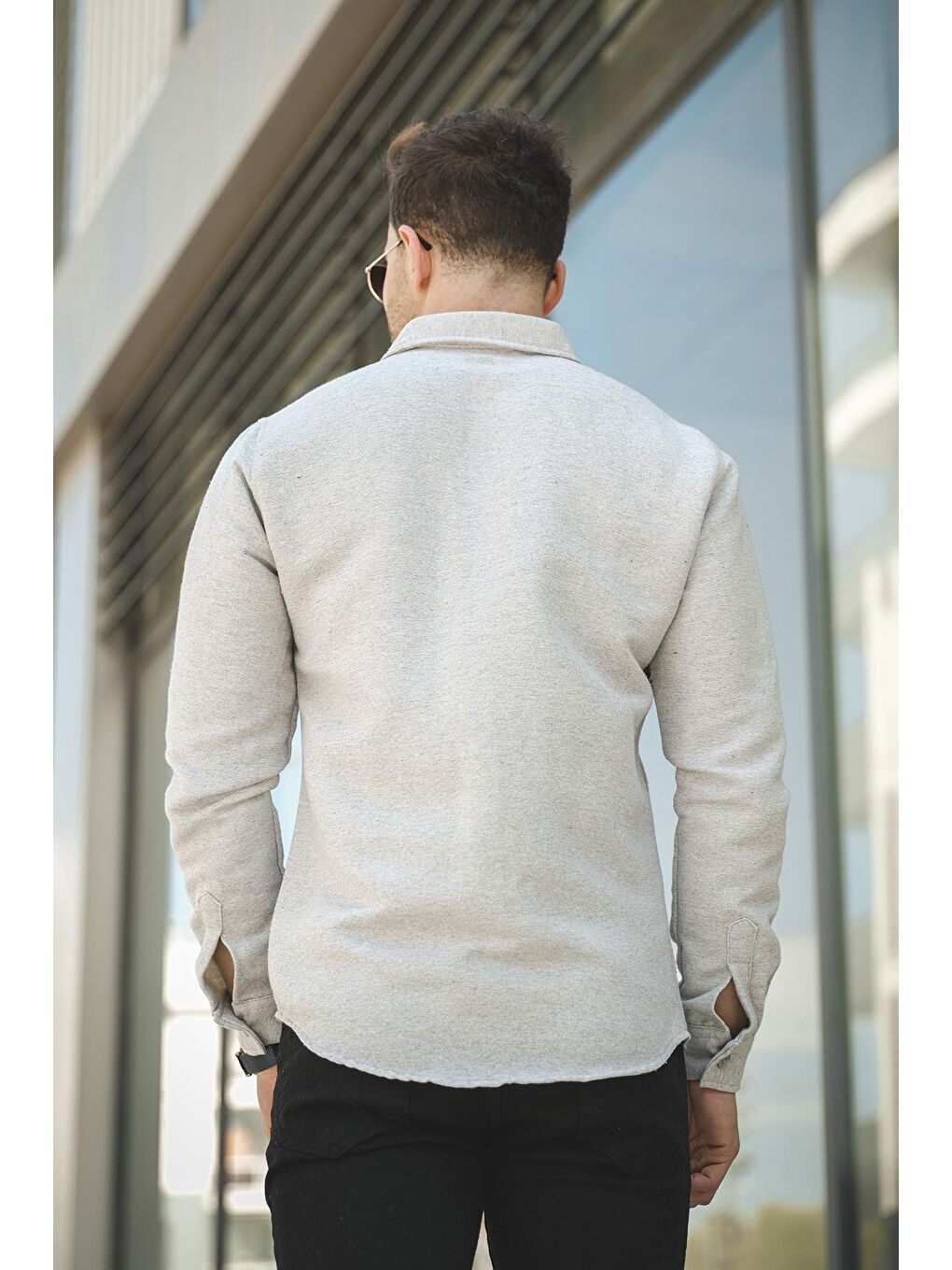 Gri Slim Fit Tek Cep Kışlık Oxford Erkek Gömlek-3