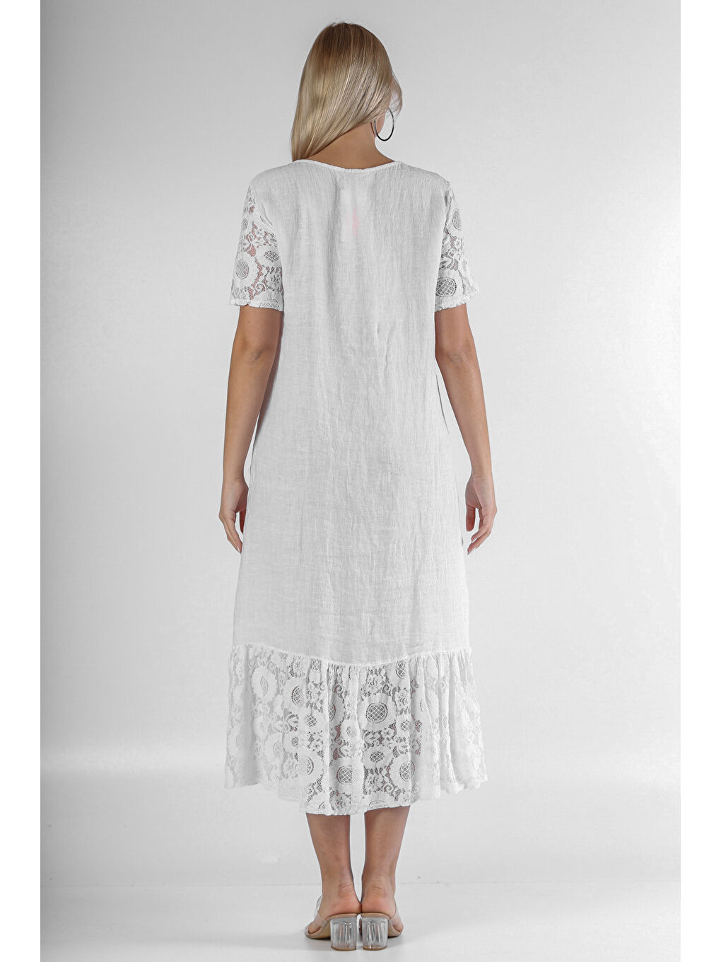 İtalyan Beyaz Yuvarlak Yaka Kısa Kol Cepli Kol Ve Etek Ucu Dantelli Keten. Dokuma Elbise-7