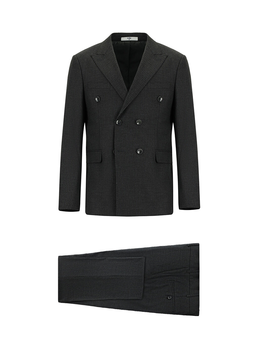 Gri Slim Fit Dar Kesim Çizgili Yünlü Kruvaze Takım Elbise