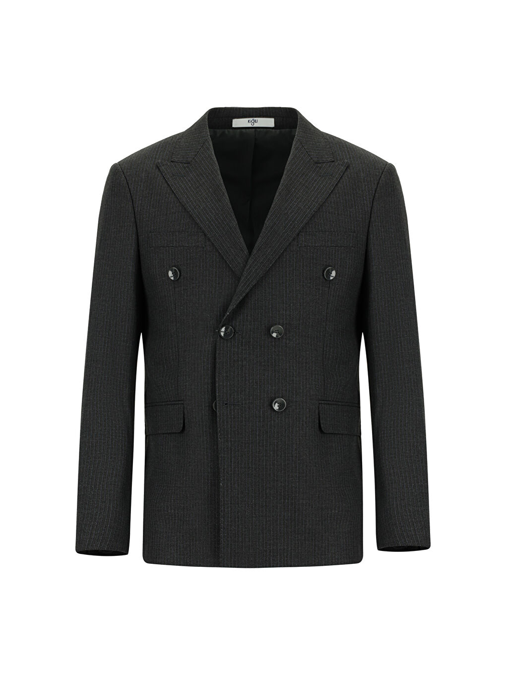 Gri Slim Fit Dar Kesim Çizgili Yünlü Kruvaze Takım Elbise-1