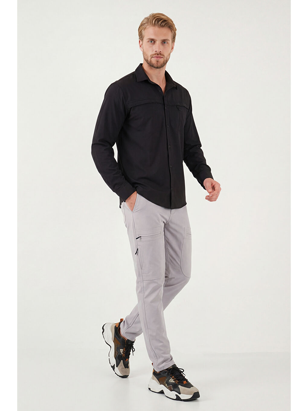 Gri Normal Kalıp Kargo Cepli Lastikli Bel Trekking ve Kurye Pantolon 693710-2