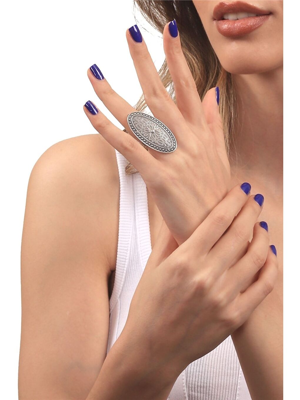 Gri Kadın Antik Gümüş Kaplama Ayarlanabilir Model Etnik Motifli Oval Yüzük-2