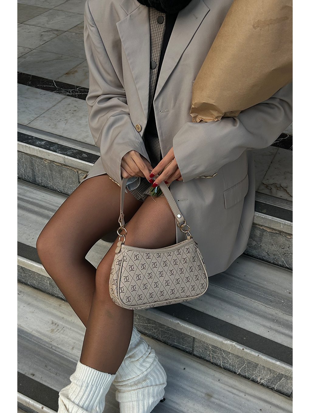 Farme Monogram Bej Baget Ve Çapraz Çanta-5