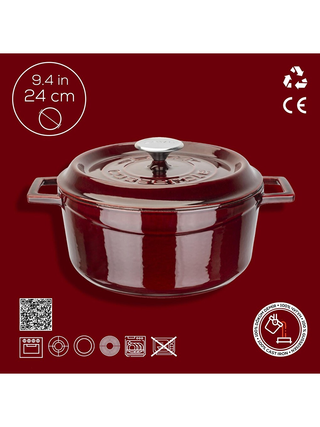Kırmızı Yuvarlak Tencere Döküm Demir Yekpare Kulplu Premium Serisi Çap(ø)24cm.-3