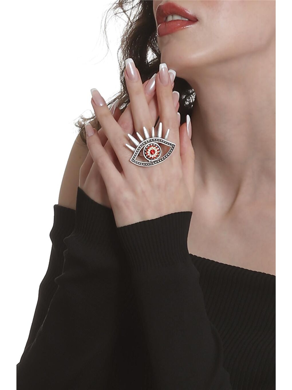 Kırmızı Kadın Antik Gümüş Kaplama Renkli Taşlı Ayarlanabilir Büyük Göz Stilizesi Yüzük-2