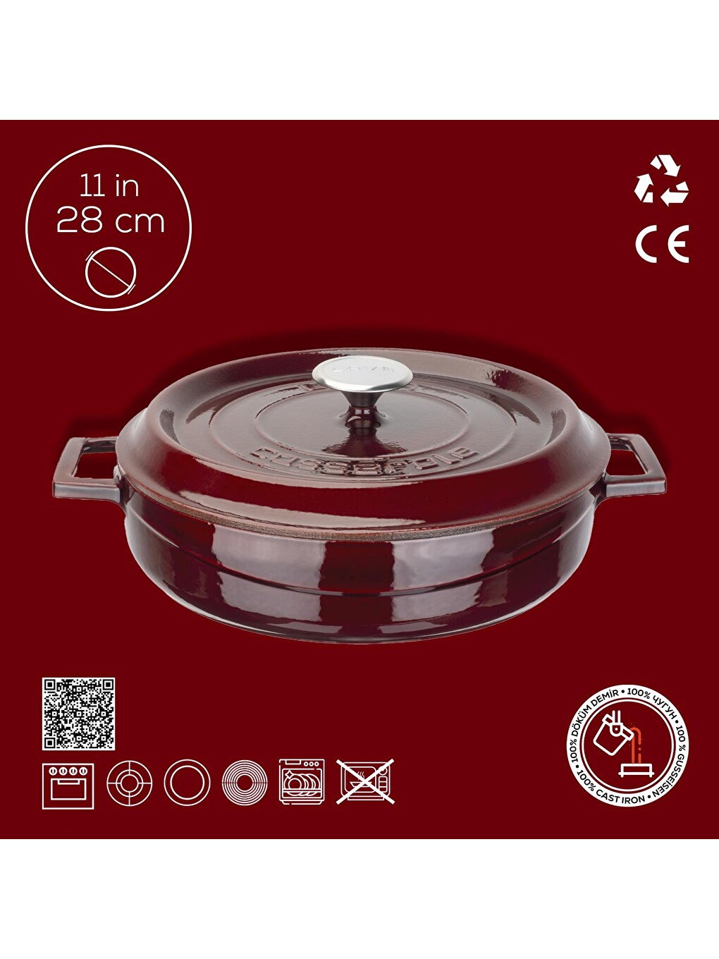 Kırmızı Çok Amaçlı Yayvan Tencere Döküm Demir Yekpare Kulplu Premium Serisi Çap(ø)28cm.-3