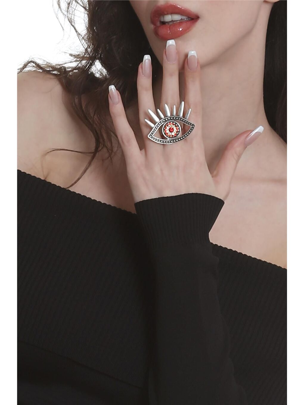 Kırmızı Kadın Antik Gümüş Kaplama Renkli Taşlı Ayarlanabilir Büyük Göz Stilizesi Yüzük-3