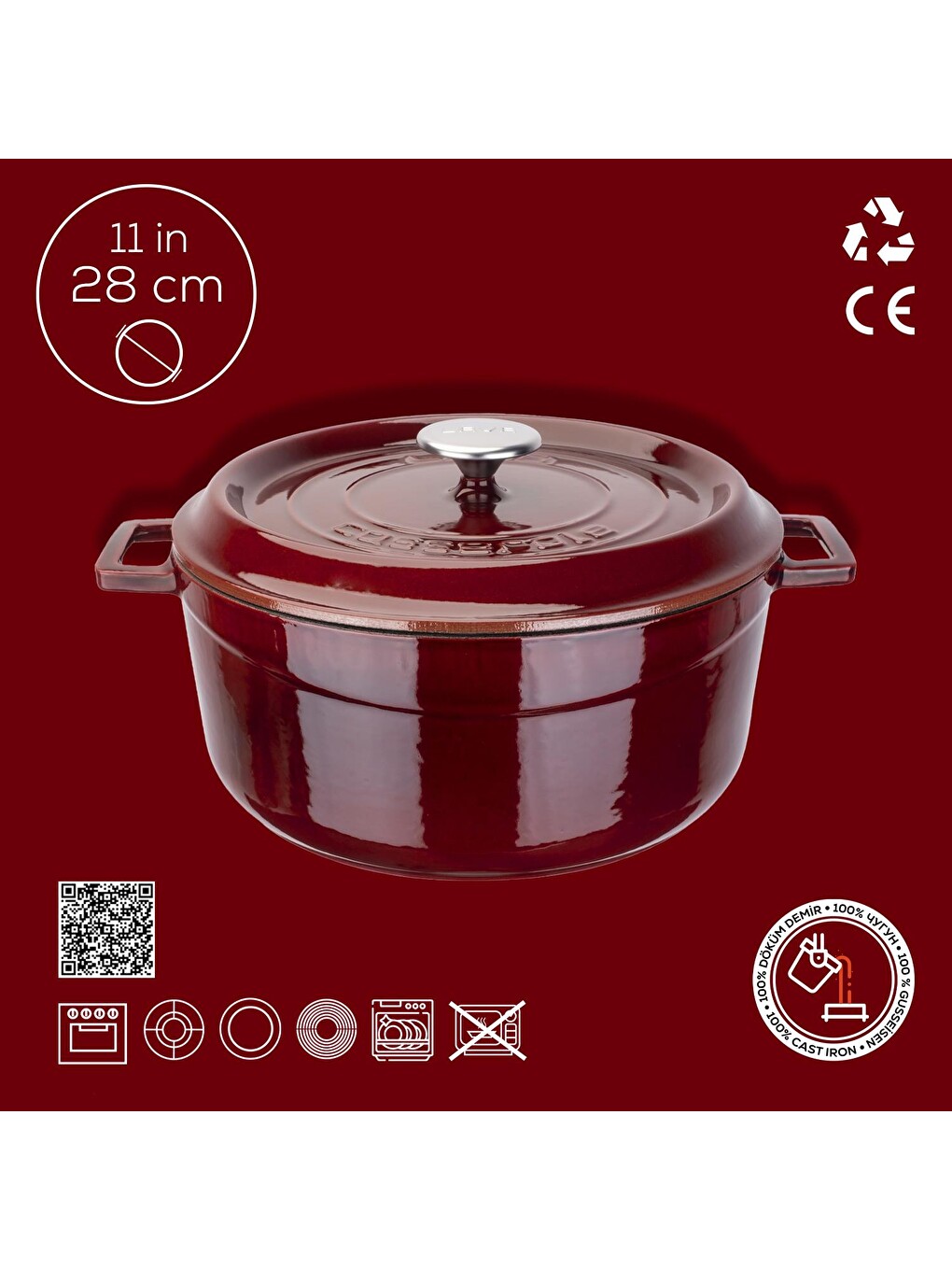 Kırmızı Yuvarlak Tencere Döküm Demir Yekpare Kulplu Premium Serisi Çap(ø)28cm.-3