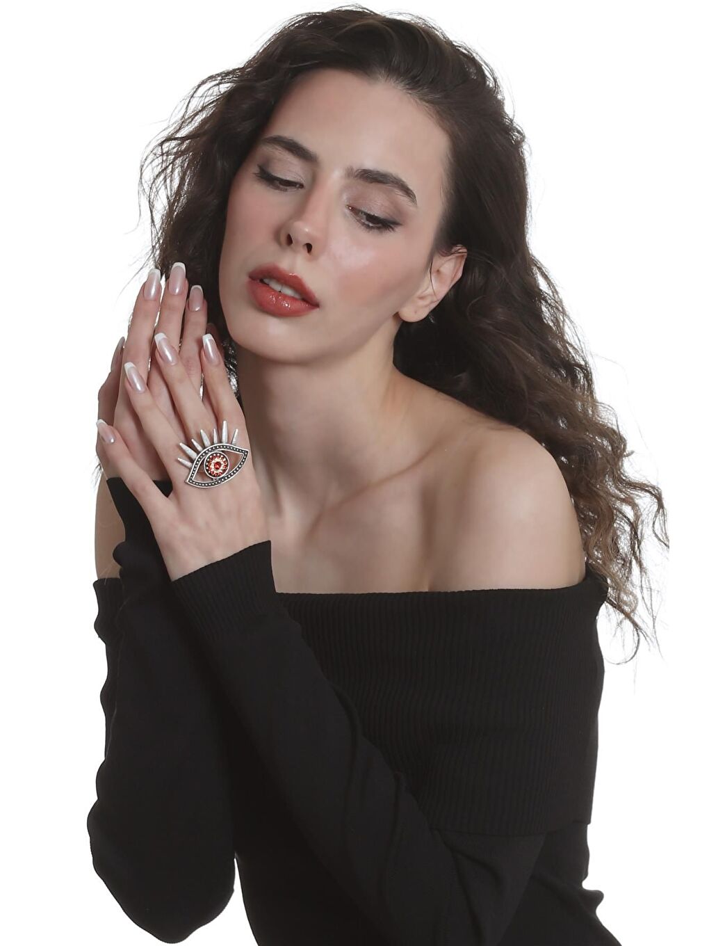 Kırmızı Kadın Antik Gümüş Kaplama Renkli Taşlı Ayarlanabilir Büyük Göz Stilizesi Yüzük-5