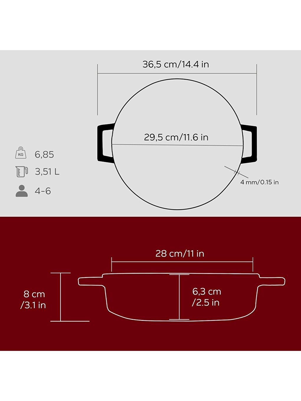 Kırmızı Çok Amaçlı Yayvan Tencere Döküm Demir Yekpare Kulplu Premium Serisi Çap(ø)28cm.-4