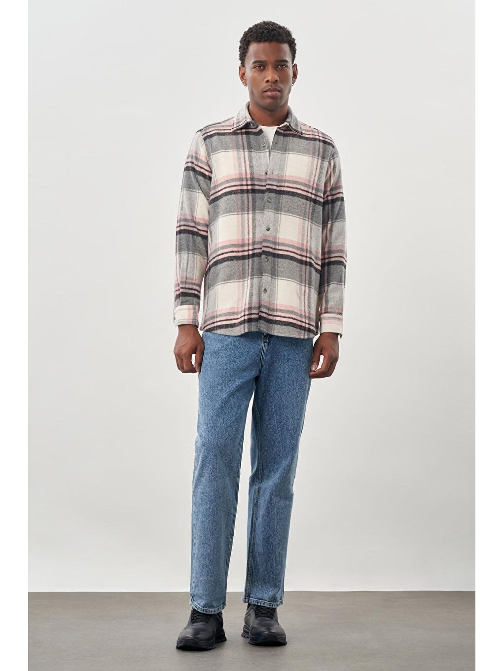 Bordo Yünlü Ekose Desen Yumuşak Yaka Cepsiz Uzun Kol Casual Comfort Fit Gömlek 1004245227-1