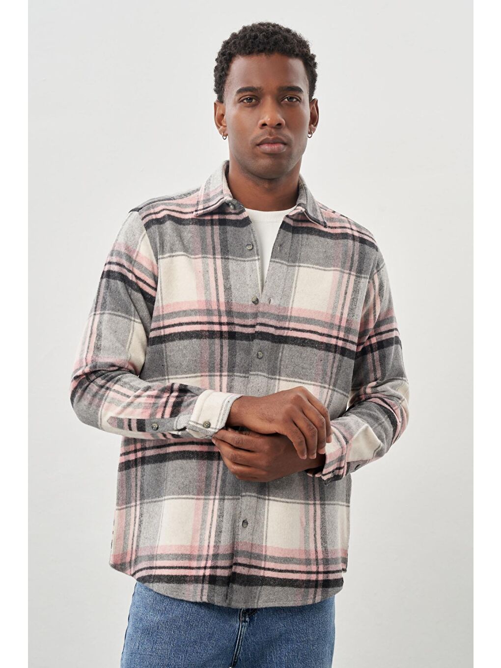 Bordo Yünlü Ekose Desen Yumuşak Yaka Cepsiz Uzun Kol Casual Comfort Fit Gömlek 1004245227-2