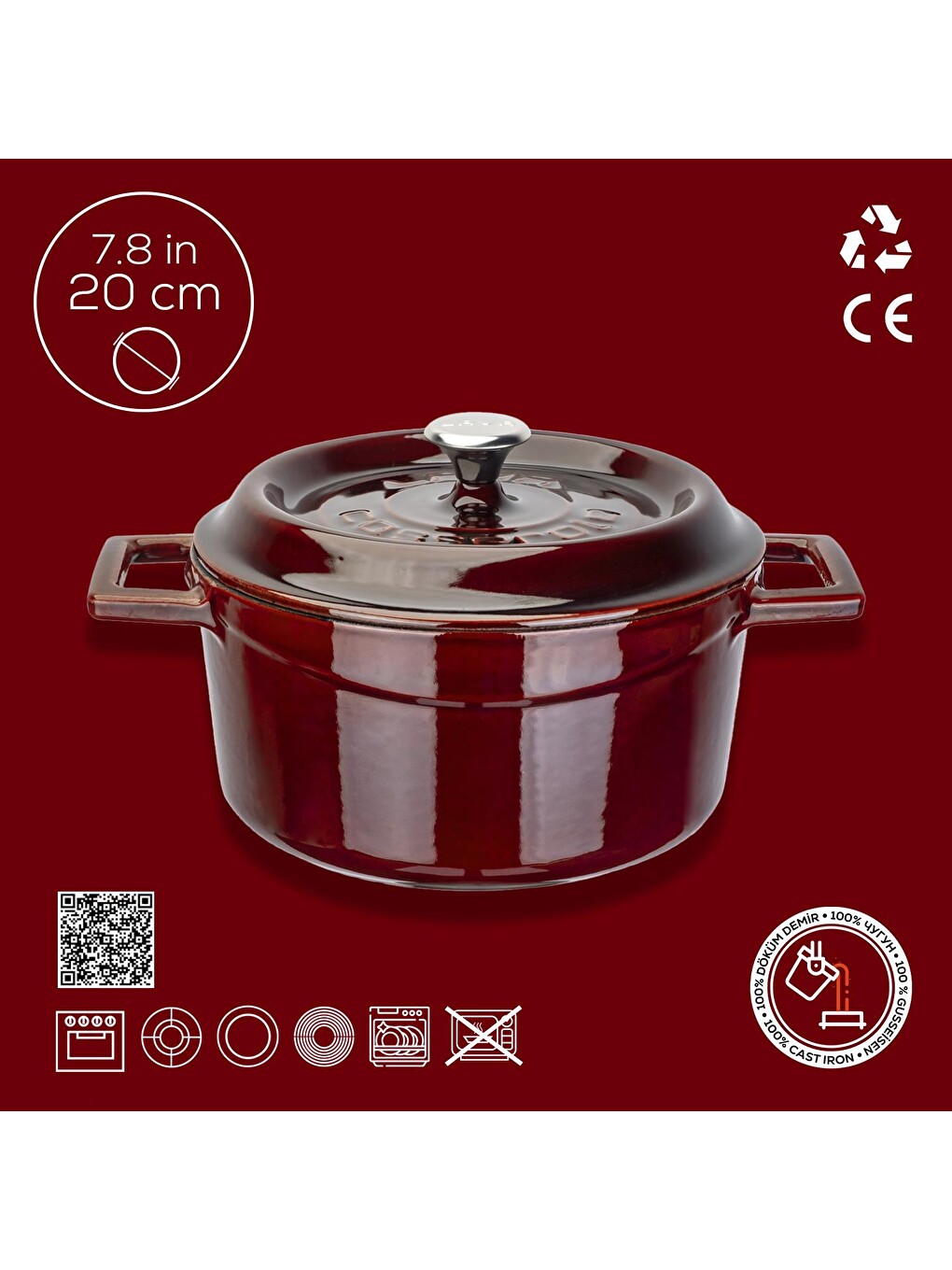 Kırmızı Yuvarlak Tencere Döküm Demir Yekpare Kulplu Premium Serisi Çap(ø)20cm.-3