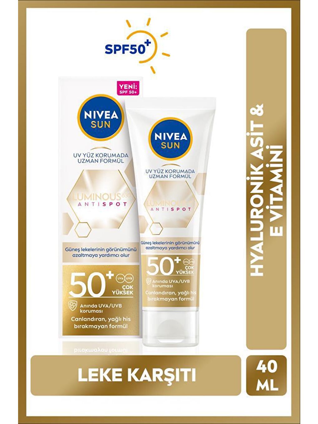 NIVEA Şeffaf Luminous630 Leke Karşıtı Güneş Koruyucu Yüz Kremi 40ml, SPF50, Hyalüronik Asit, E Vitamini, UVA/UVB