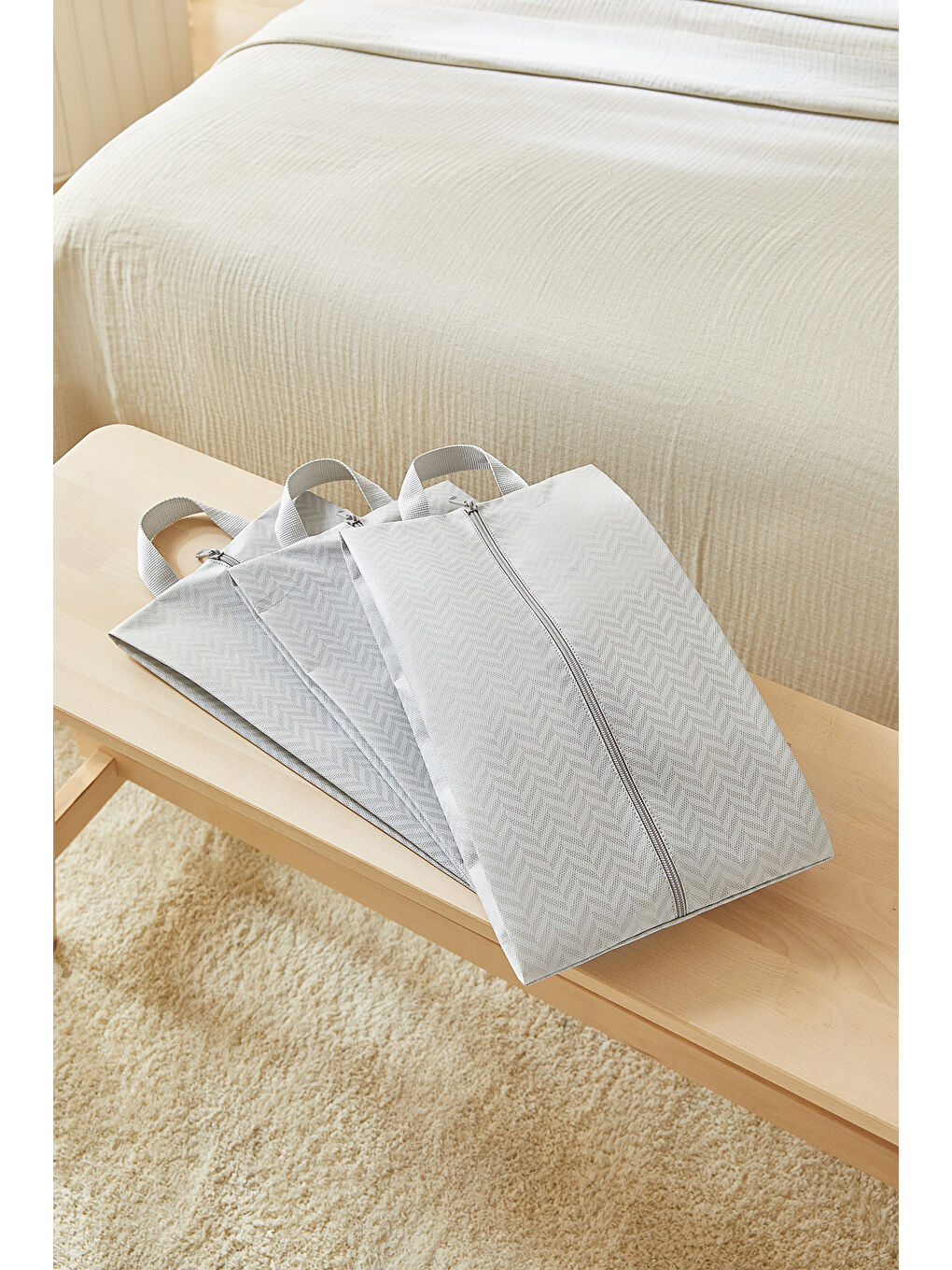 4'lü Gri Balıksırtı Ayakkabı Düzenleyici Taşıma Çantası Seti 22 x 40 x 9 cm