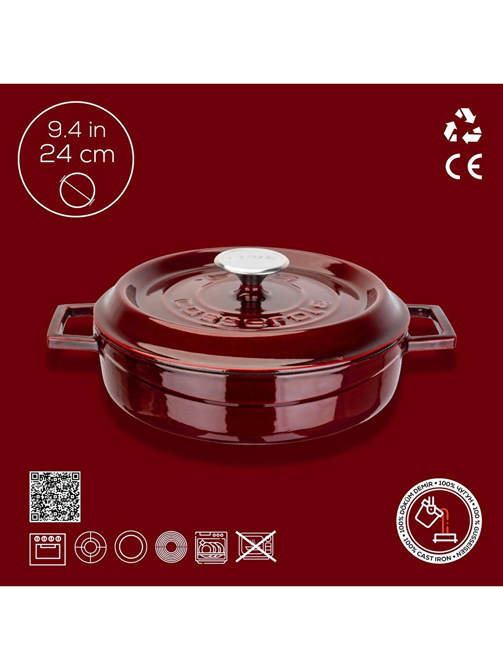 Kırmızı Çok Amaçlı Yayvan Tencere Döküm Demir Yekpare Kulplu Premium Serisi Çap(ø)24cm.-3