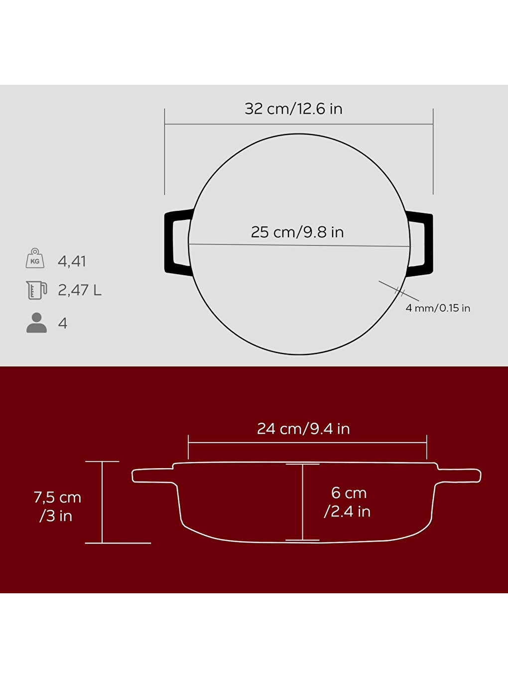 Kırmızı Çok Amaçlı Yayvan Tencere Döküm Demir Yekpare Kulplu Premium Serisi Çap(ø)24cm.-4