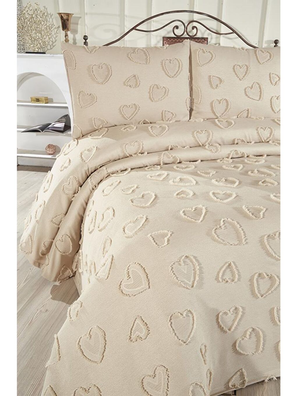 Pure Love 3 Parça Çift Kişilik Pike Takımı Bej-1