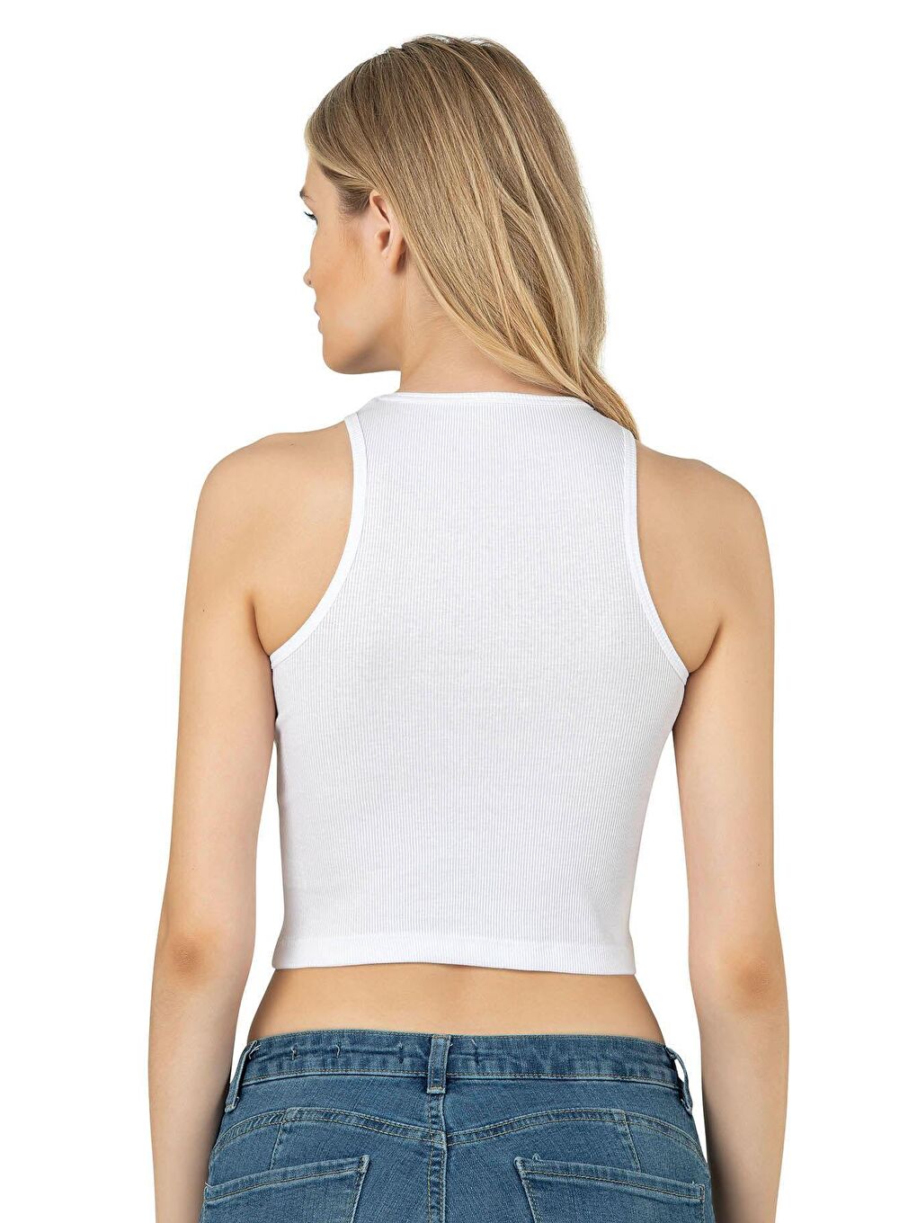 Beyaz Kadın Pamuklu Crop Fitilli Örme Atlet | 26814-1