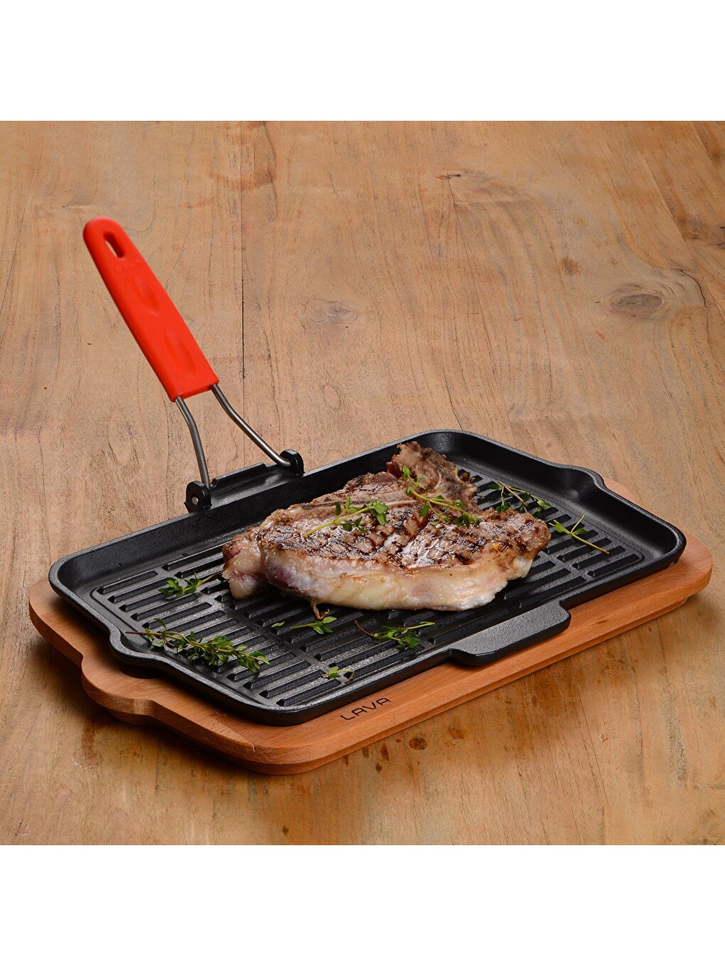 Kırmızı Dikdörtgen Sığ Izgara Tavası Silikon Tel Saplı Ölçü 21x36cm.-5