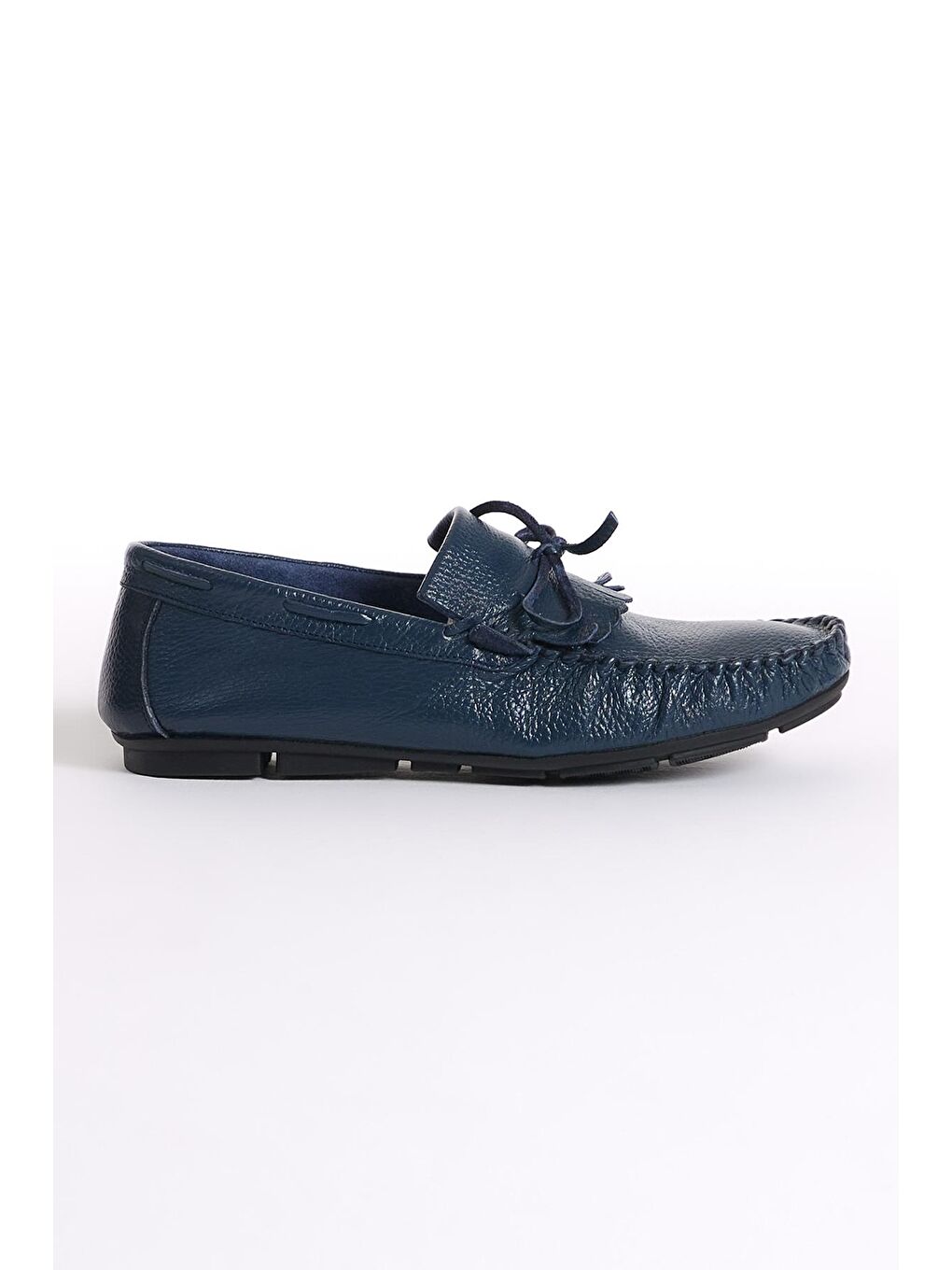 Erkek Lacivert Fiyonk ve Püskül Detaylı Hakiki Deri Loafer-1