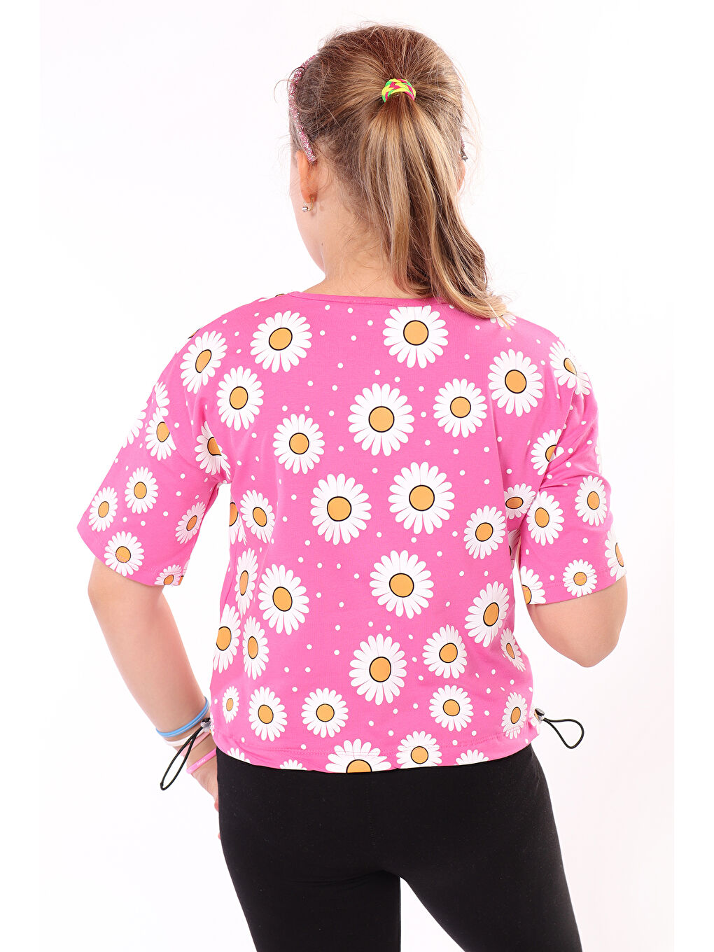 Fuşya Kız Çocuk Komple Papatya Baskılı Tişört-2