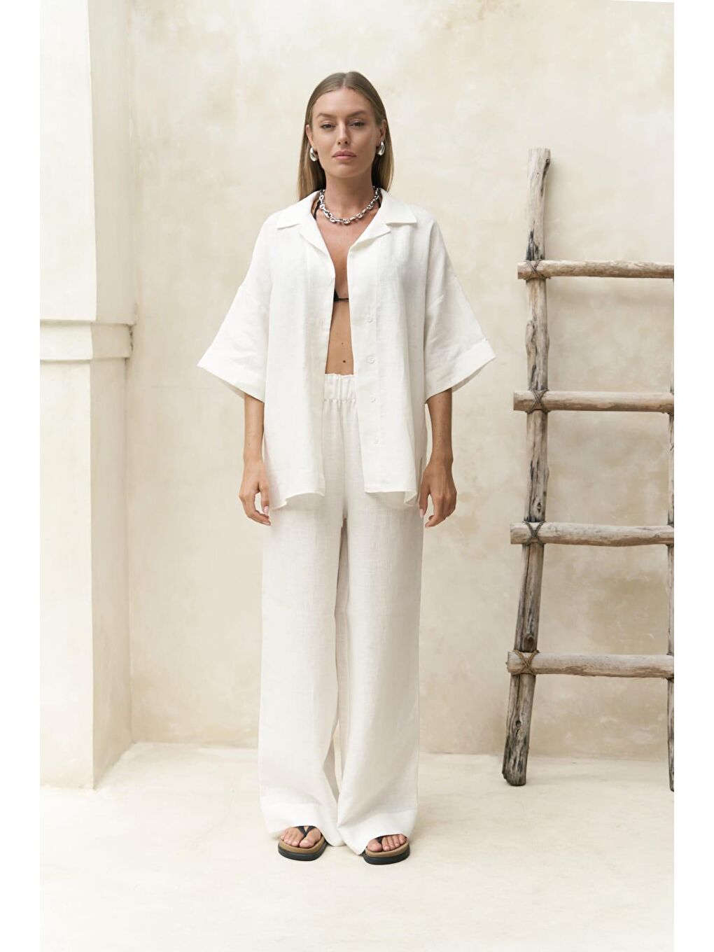 Baron Beyaz Keten Gömlek Pantolon Takım