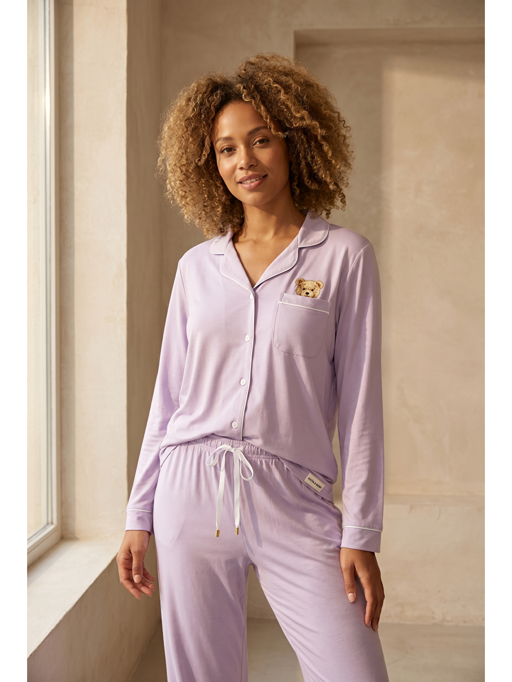 Kadın Teddy Desenli Kutulu Lila Pijama Takımı-1
