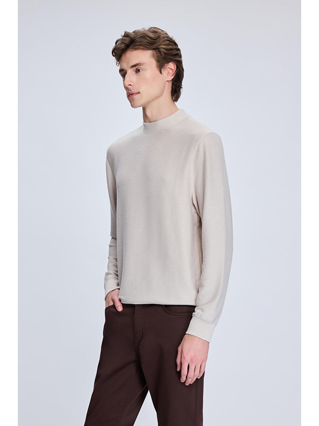 Bej Taş Regular Fit Jakarlı Yarım Balıkçı Yaka Sweatshirt-2