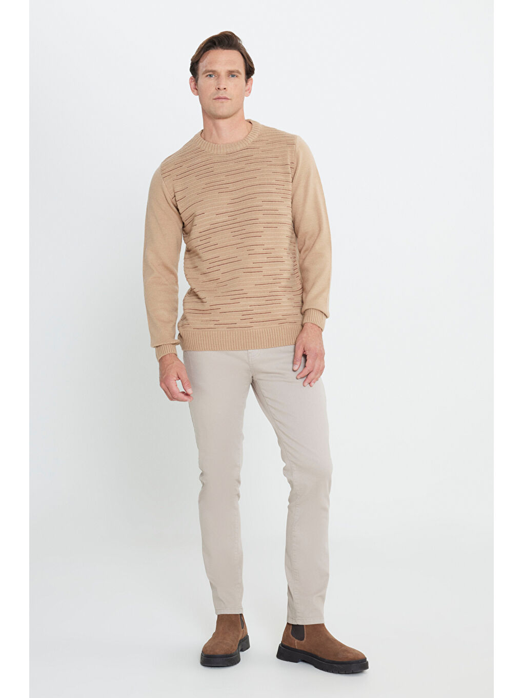 Erkek Bej-Kiremit Standart Fit Normal Kesim Bisiklet Yaka Dokulu Desenli Triko Kazak-1