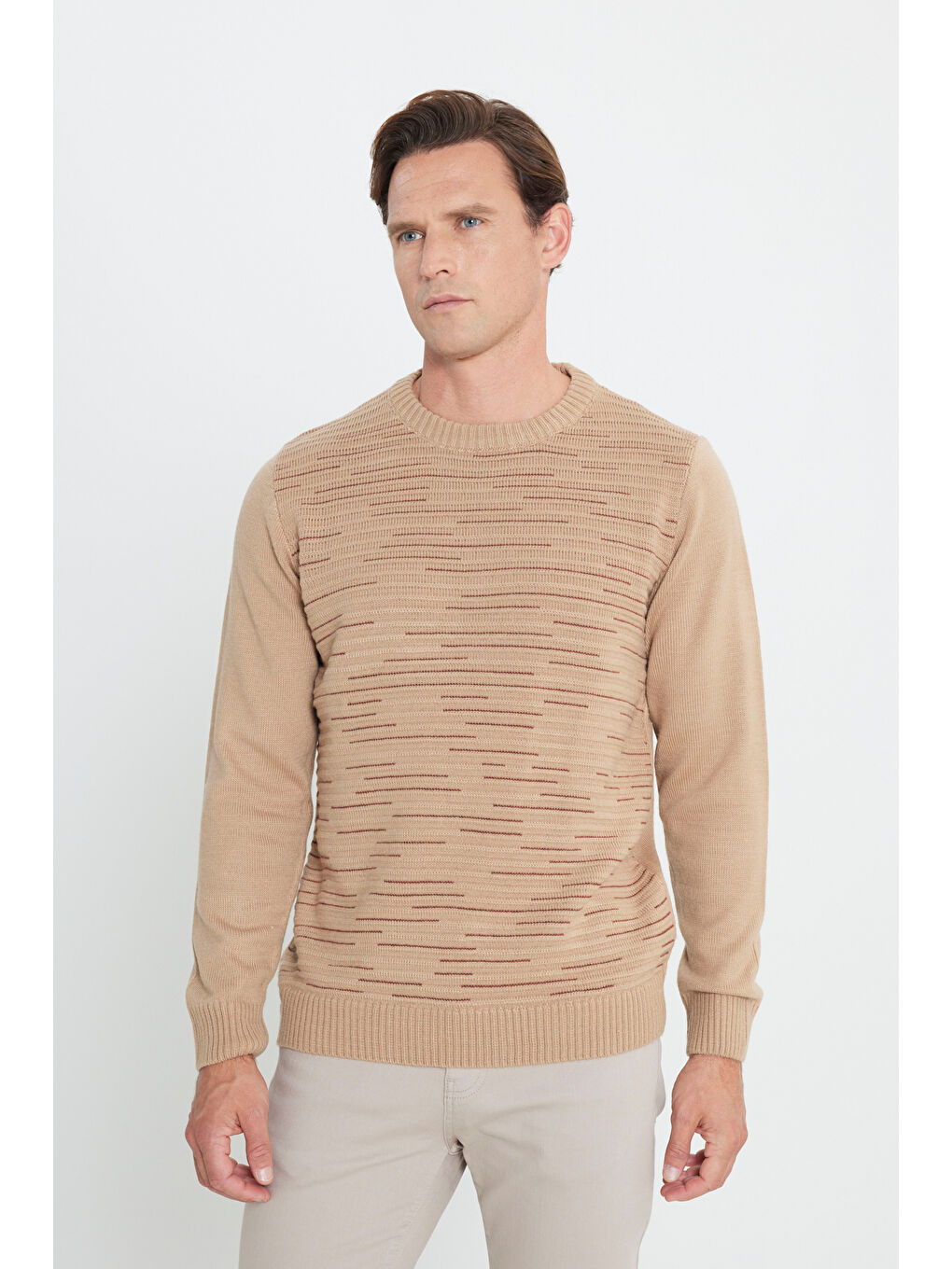 Erkek Bej-Kiremit Standart Fit Normal Kesim Bisiklet Yaka Dokulu Desenli Triko Kazak-2