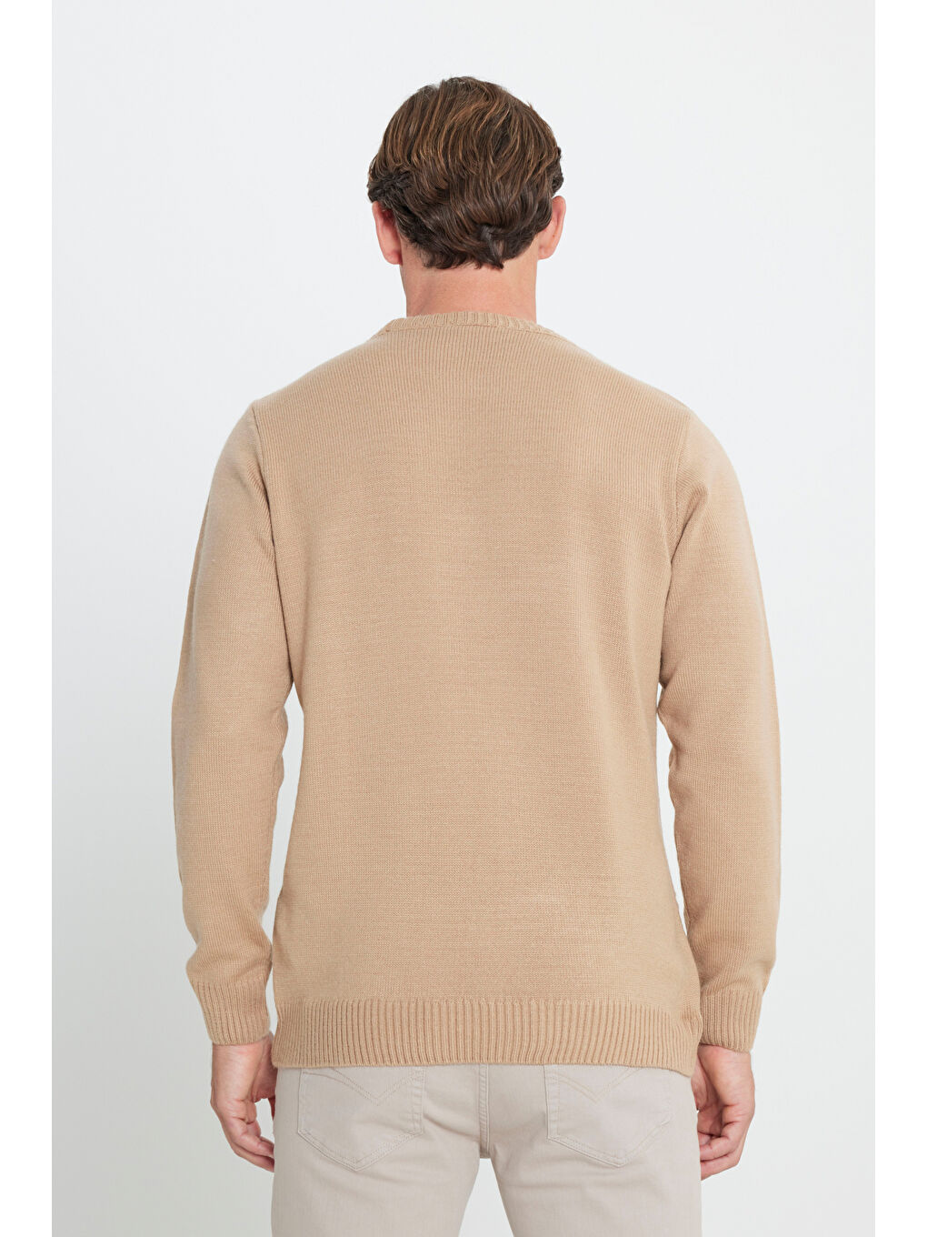 Erkek Bej-Kiremit Standart Fit Normal Kesim Bisiklet Yaka Dokulu Desenli Triko Kazak-4