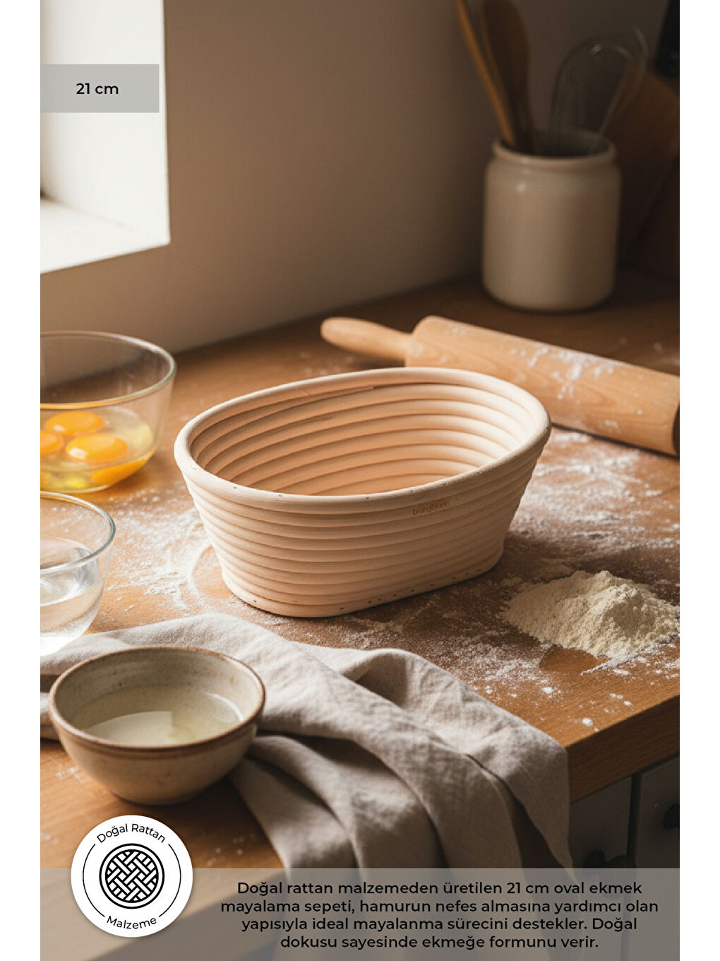 Bej Puder Ekmek Mayalama Sepeti Oval 21 Cm-1