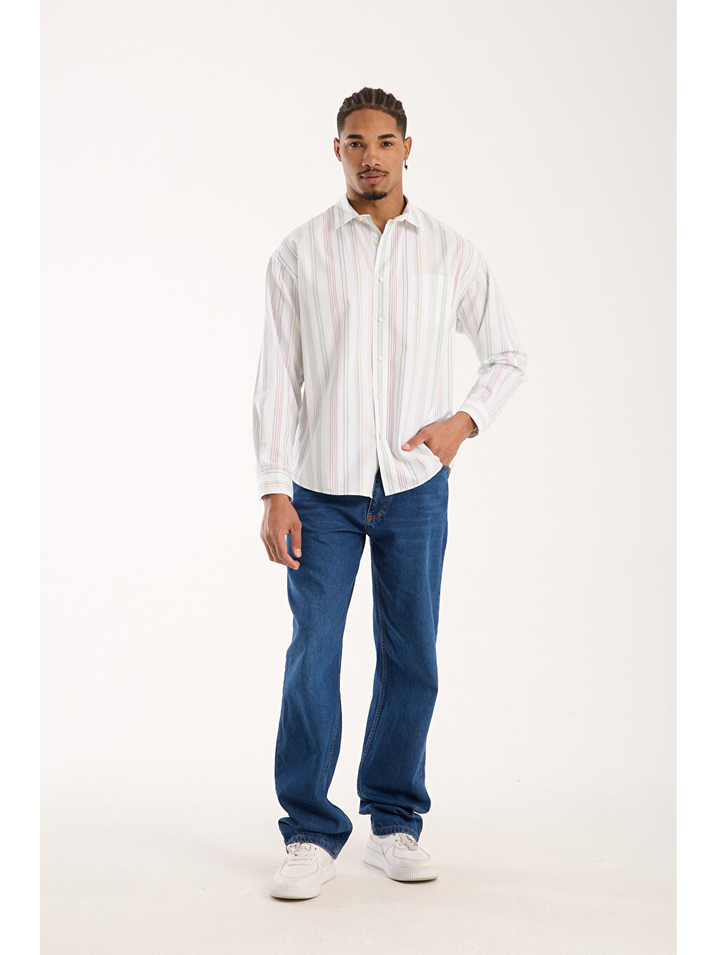 Rio Oxford Pamuklu Oversize Fit Beyaz Klasik Yaka Erkek Çizgili Gömlek-2