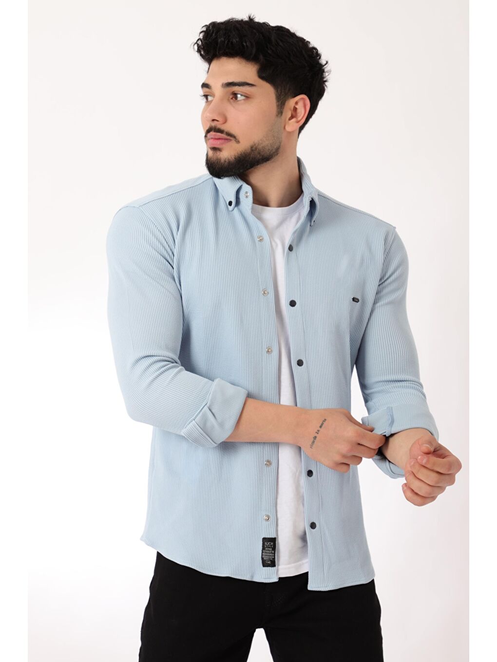 Stilkombin Mavi Düz Slim Fit Örme Gömlek XC U16788_40297