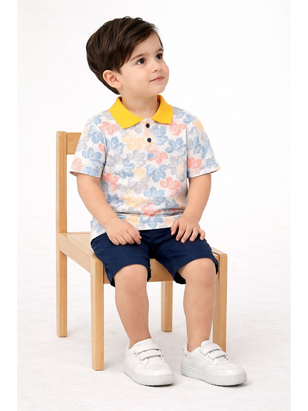 Sarı Yaprak Desenli Belden Ayarlanabilir Kısa Kollu Şortlu 2'li Takım Çocuk ve Bebek Giyim-2