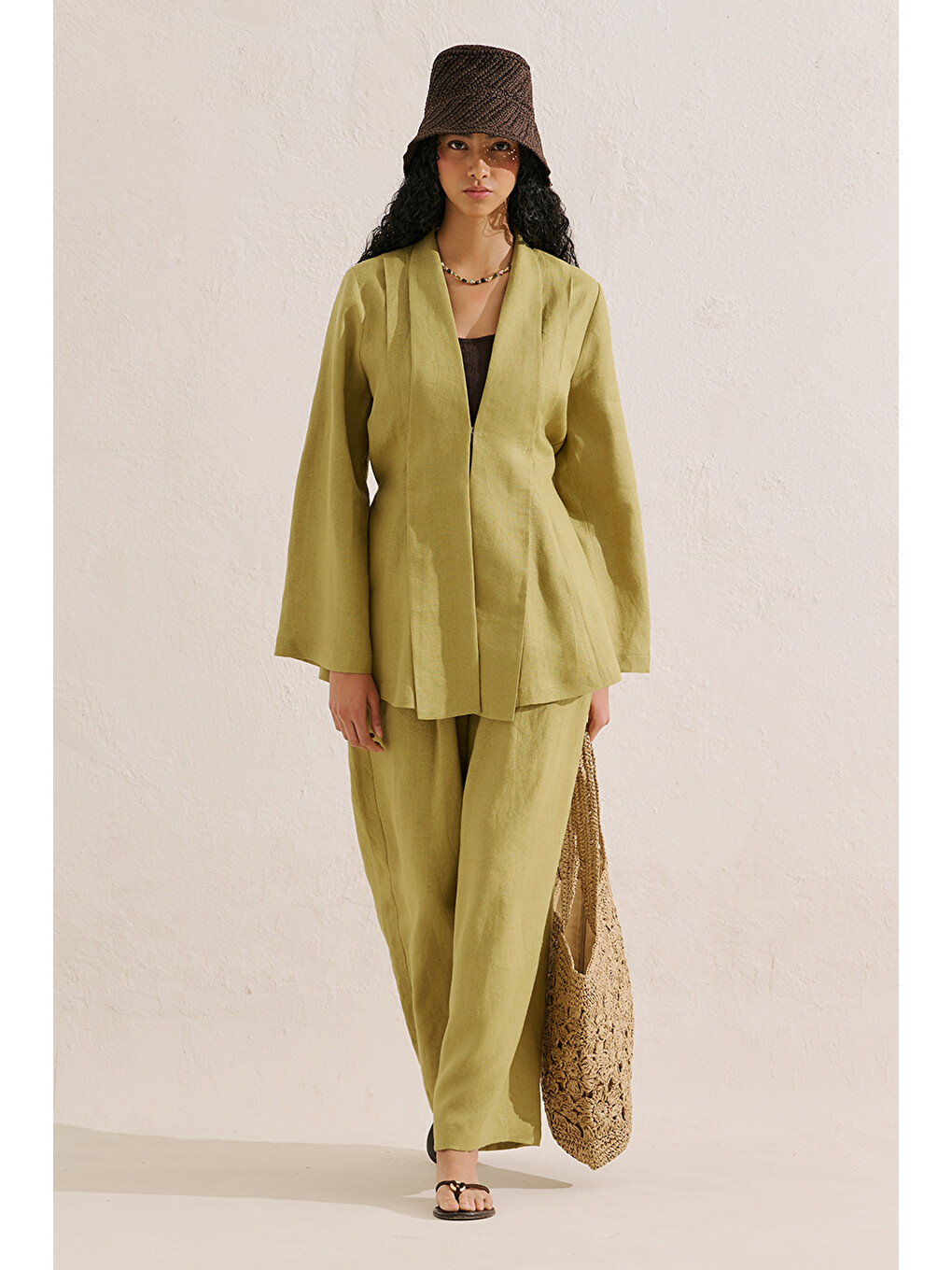 Keten Pileli Kimono Ceket Yağ Yeşili-1