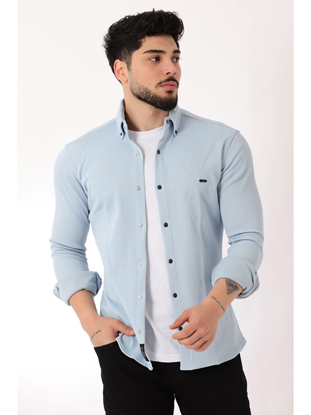 Stilkombin Mavi Düz Slim Fit Örme Gömlek XC U16788_40297 - 1