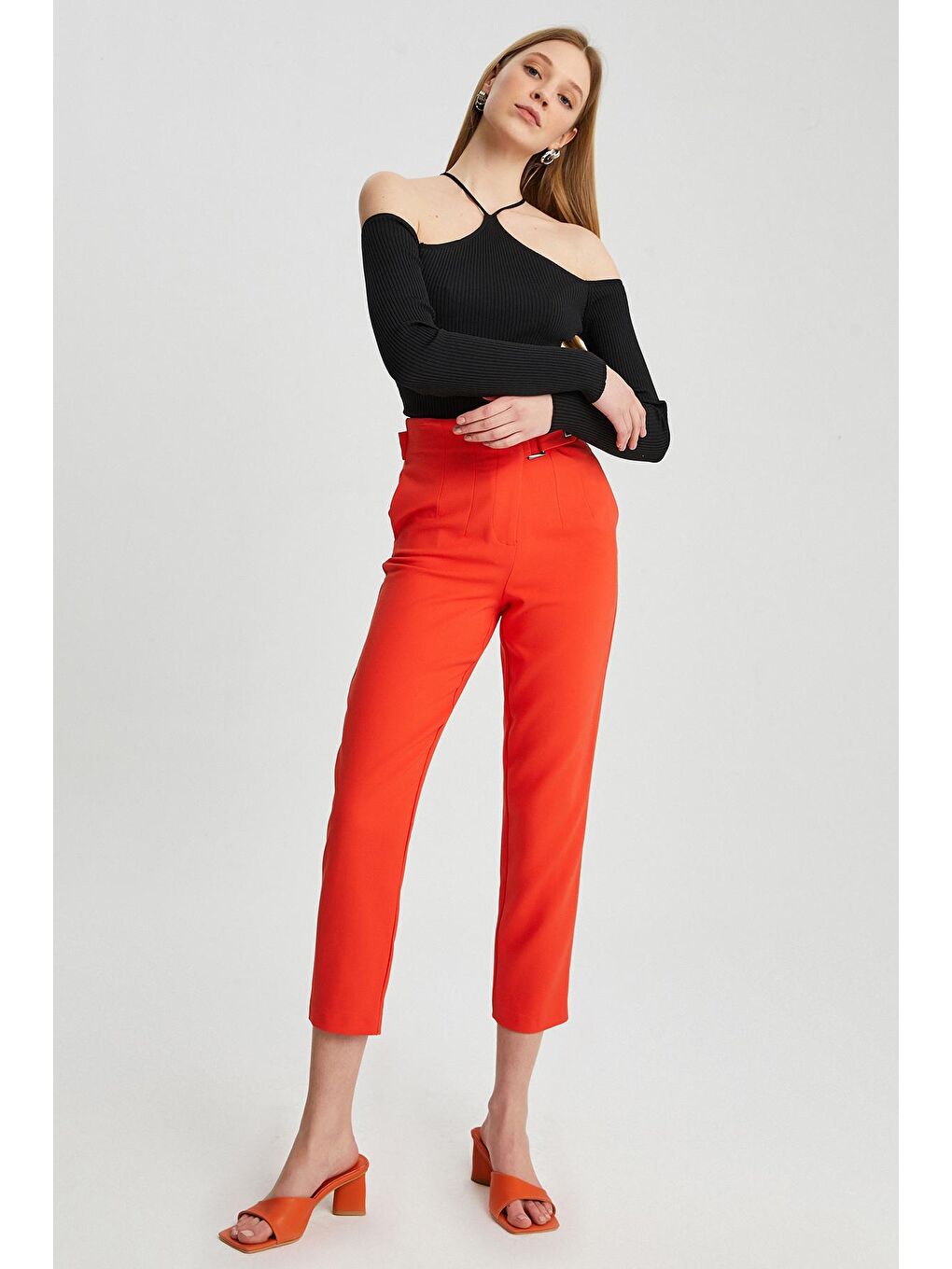 Turuncu Kadın Bel Detaylı Cepli Kumaş Havuç Pantolon-2