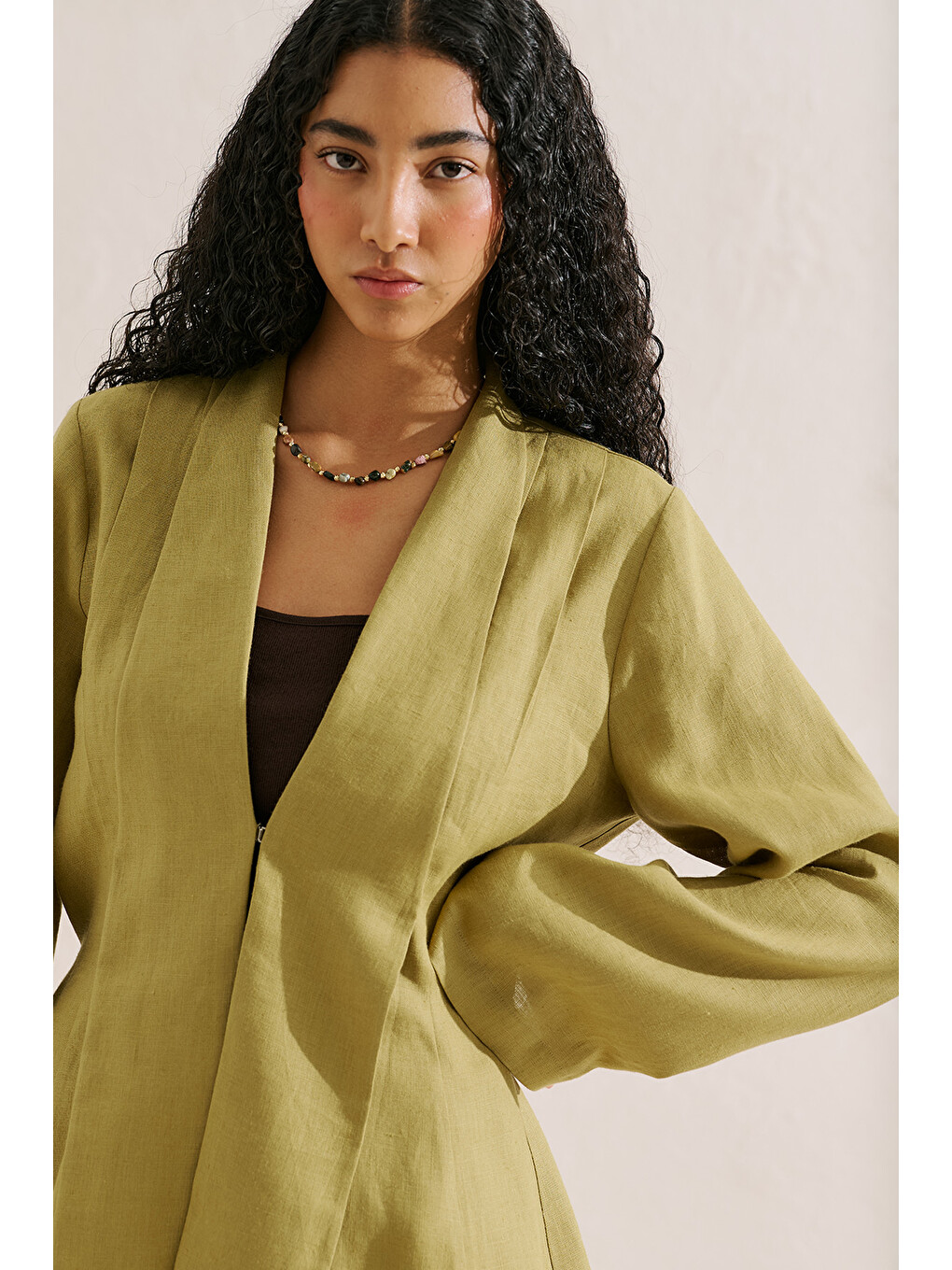 Keten Pileli Kimono Ceket Yağ Yeşili-2
