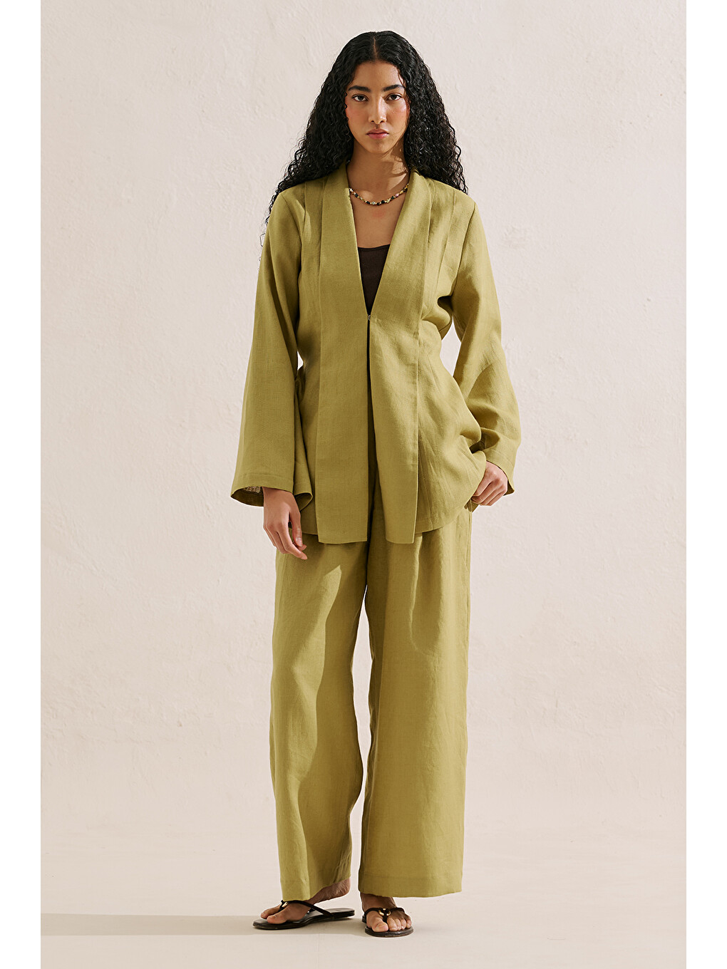 Keten Pileli Kimono Ceket Yağ Yeşili-3
