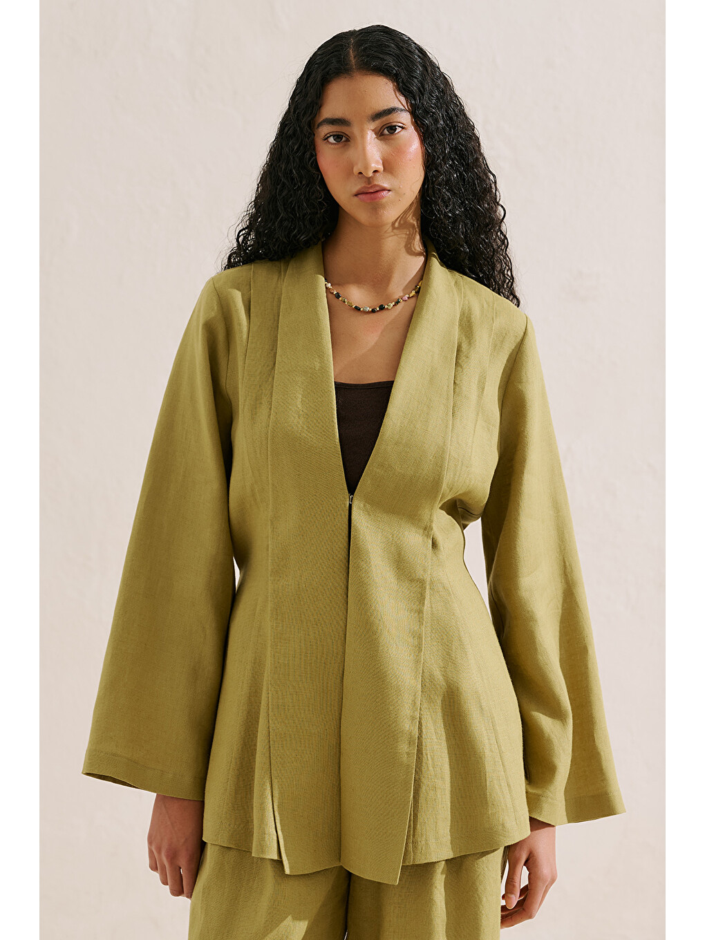 Keten Pileli Kimono Ceket Yağ Yeşili-4