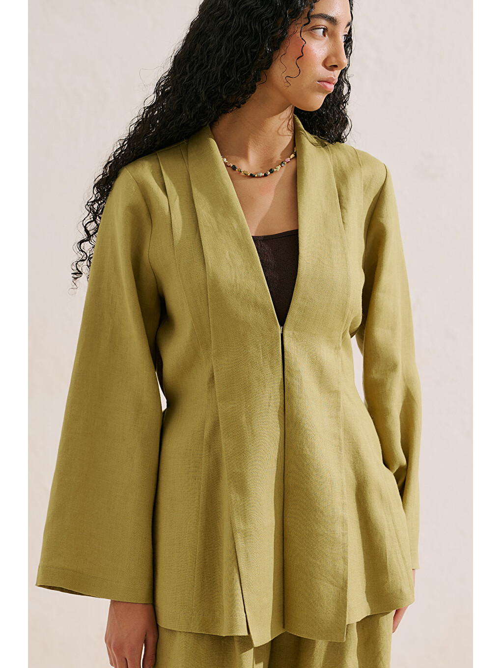 Keten Pileli Kimono Ceket Yağ Yeşili-5