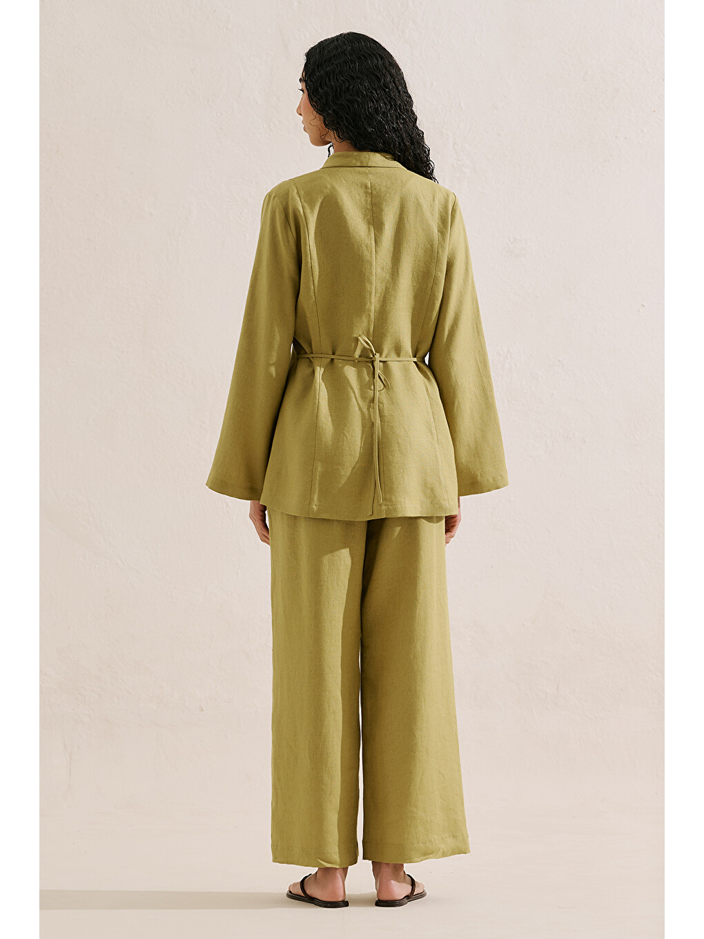 Keten Pileli Kimono Ceket Yağ Yeşili-7