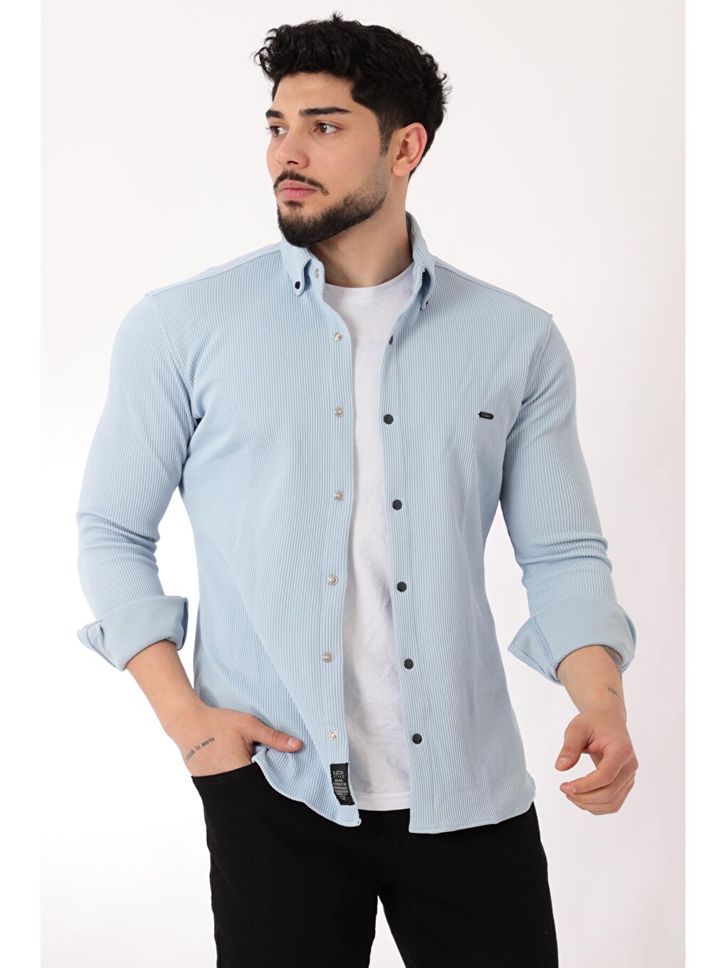 Stilkombin Mavi Düz Slim Fit Örme Gömlek XC U16788_40297 - 2