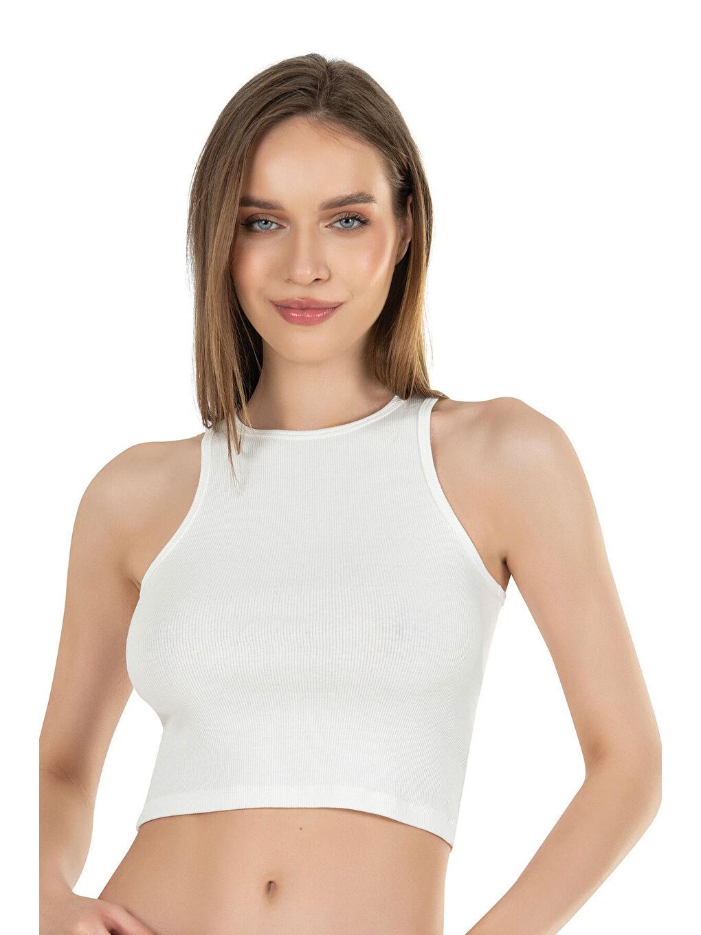 Ekru Kadın Pamuklu Crop Fitilli Örme Atlet | 26814