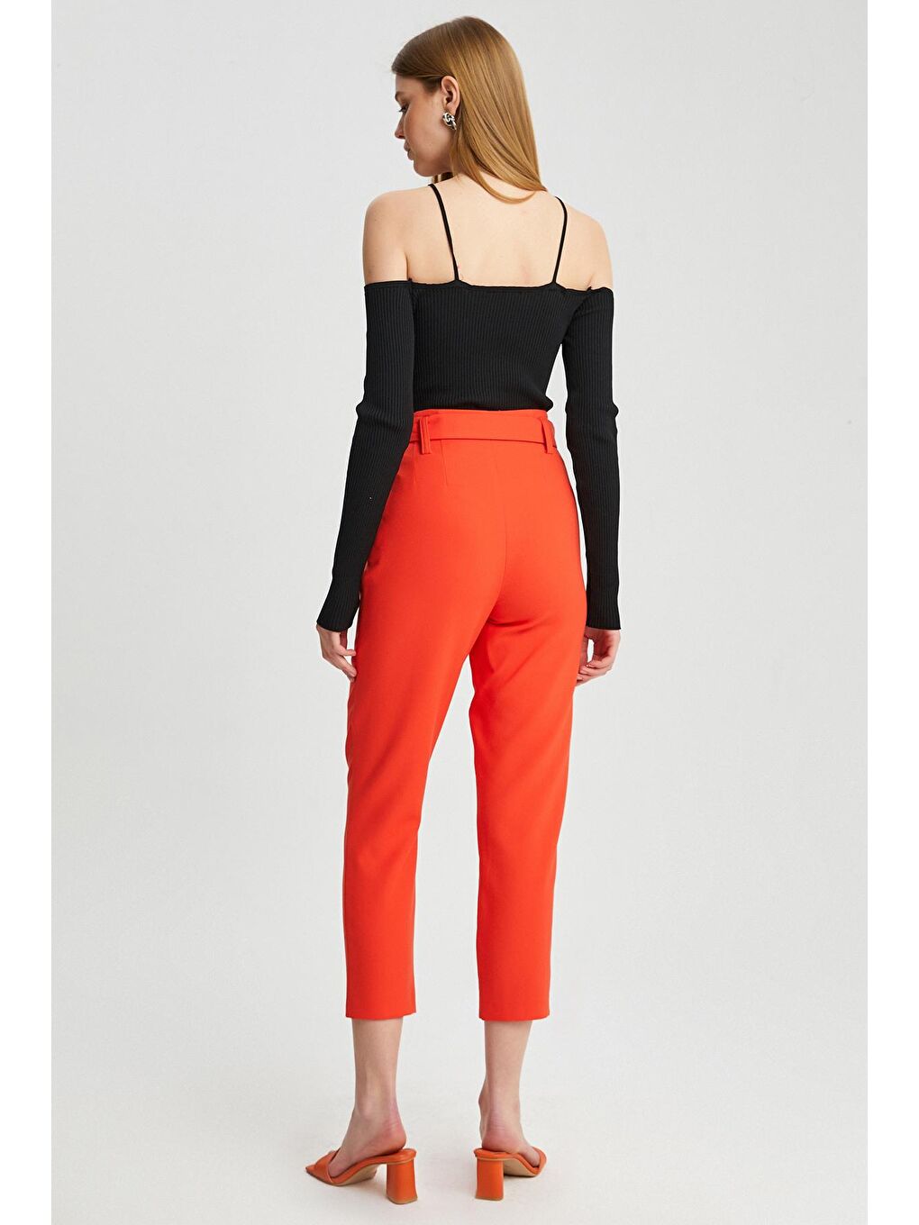 Turuncu Kadın Bel Detaylı Cepli Kumaş Havuç Pantolon-4