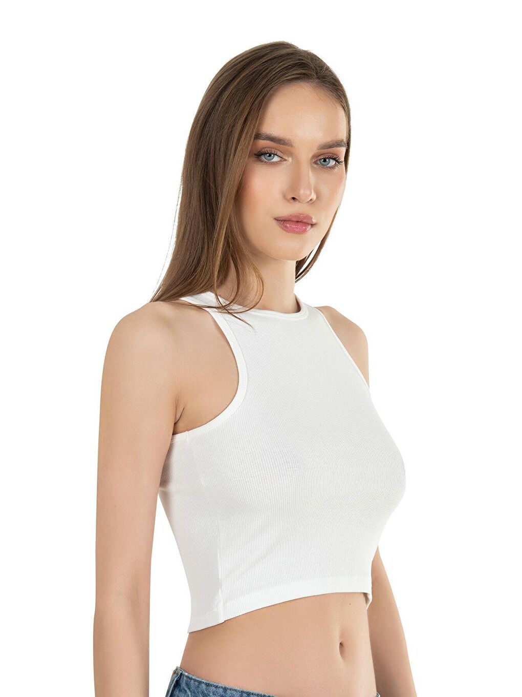 Ekru Kadın Pamuklu Crop Fitilli Örme Atlet | 26814-2